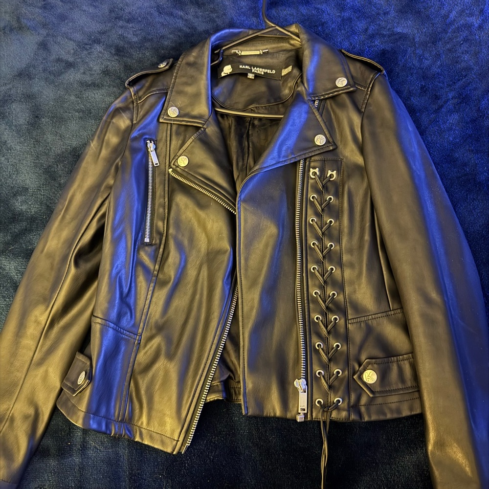Karl Lagerfeld Black Leather Jacket with Lace-Up Design